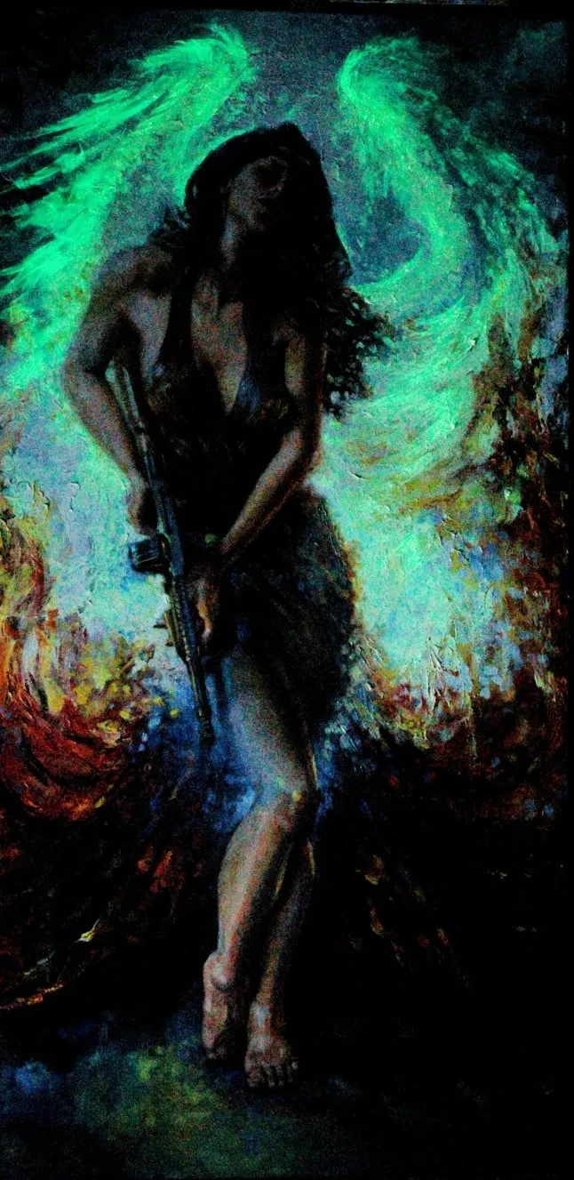 Tommy, glow in the dark view of the oil painting by Colleen Black, lit with green flames and wings
