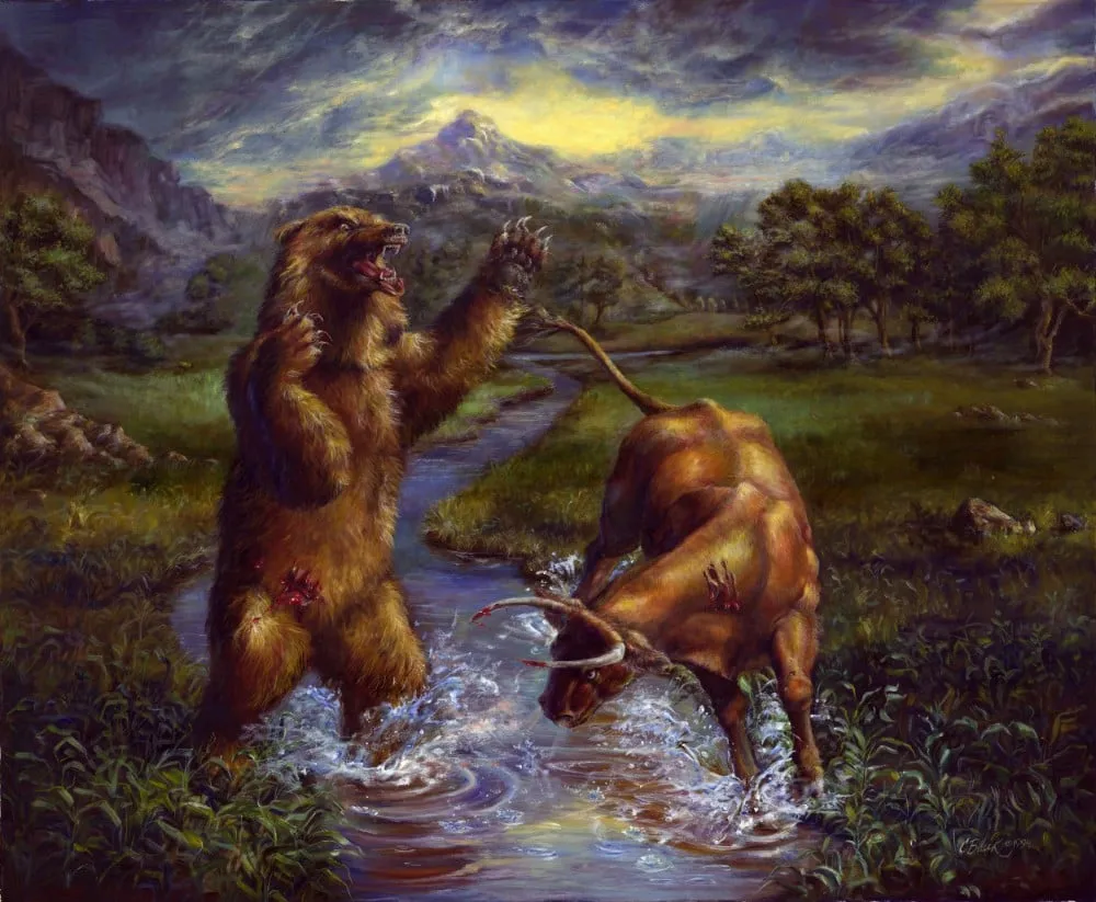 Bear vs. Bull, oil painting by Colleen Black