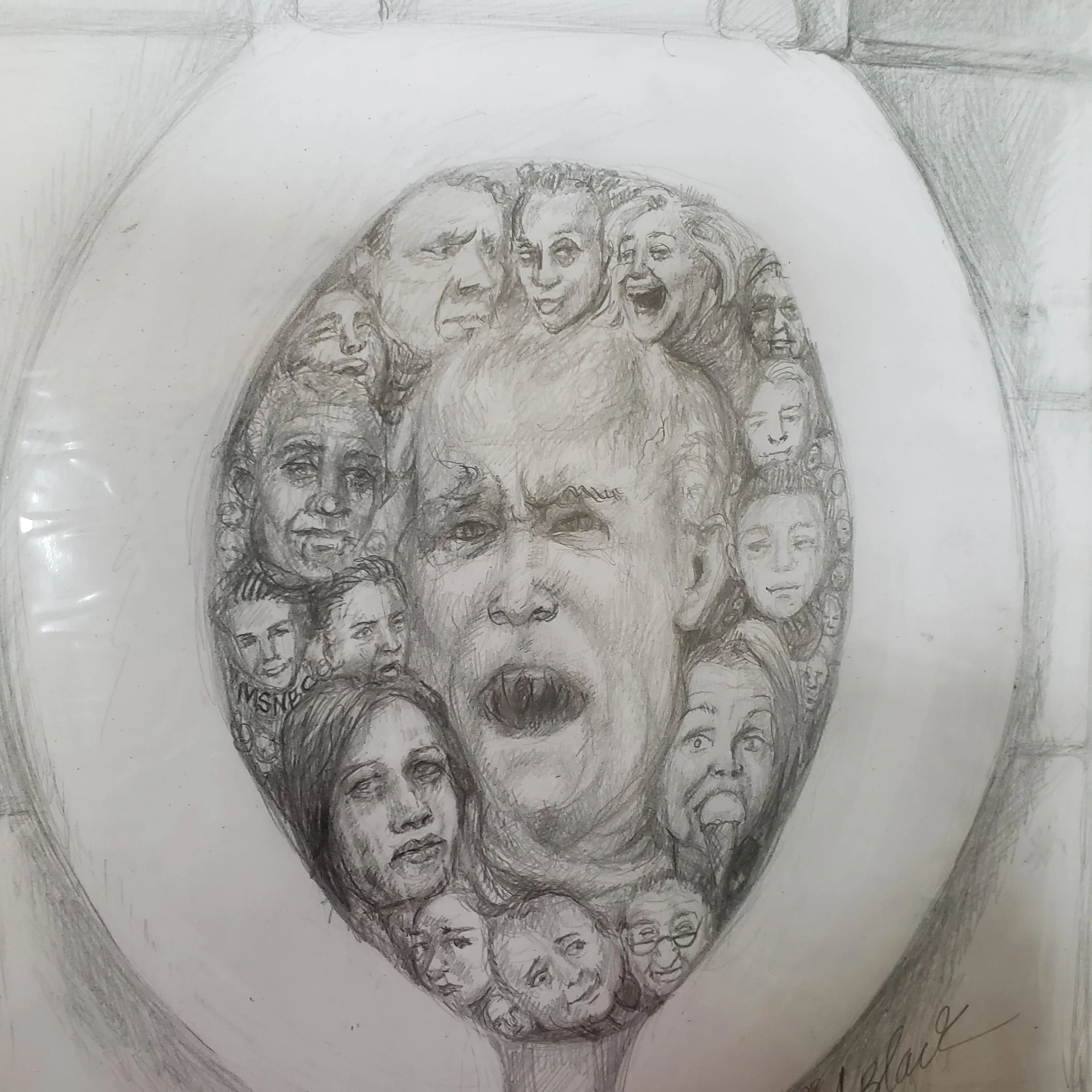 Pencil drawing of a toilet bowl filled with faces, with one large face screaming at the front
