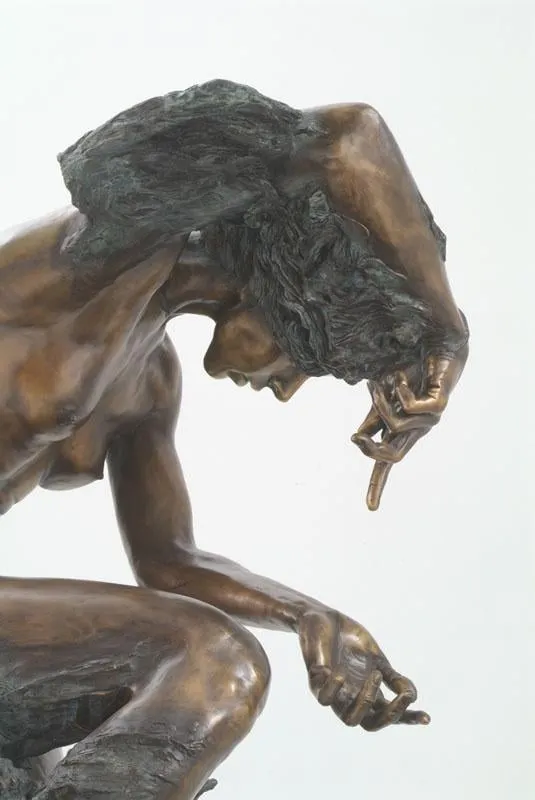 The Awakening, bronze sculpture by Colleen Black, figure crouched with head bowed