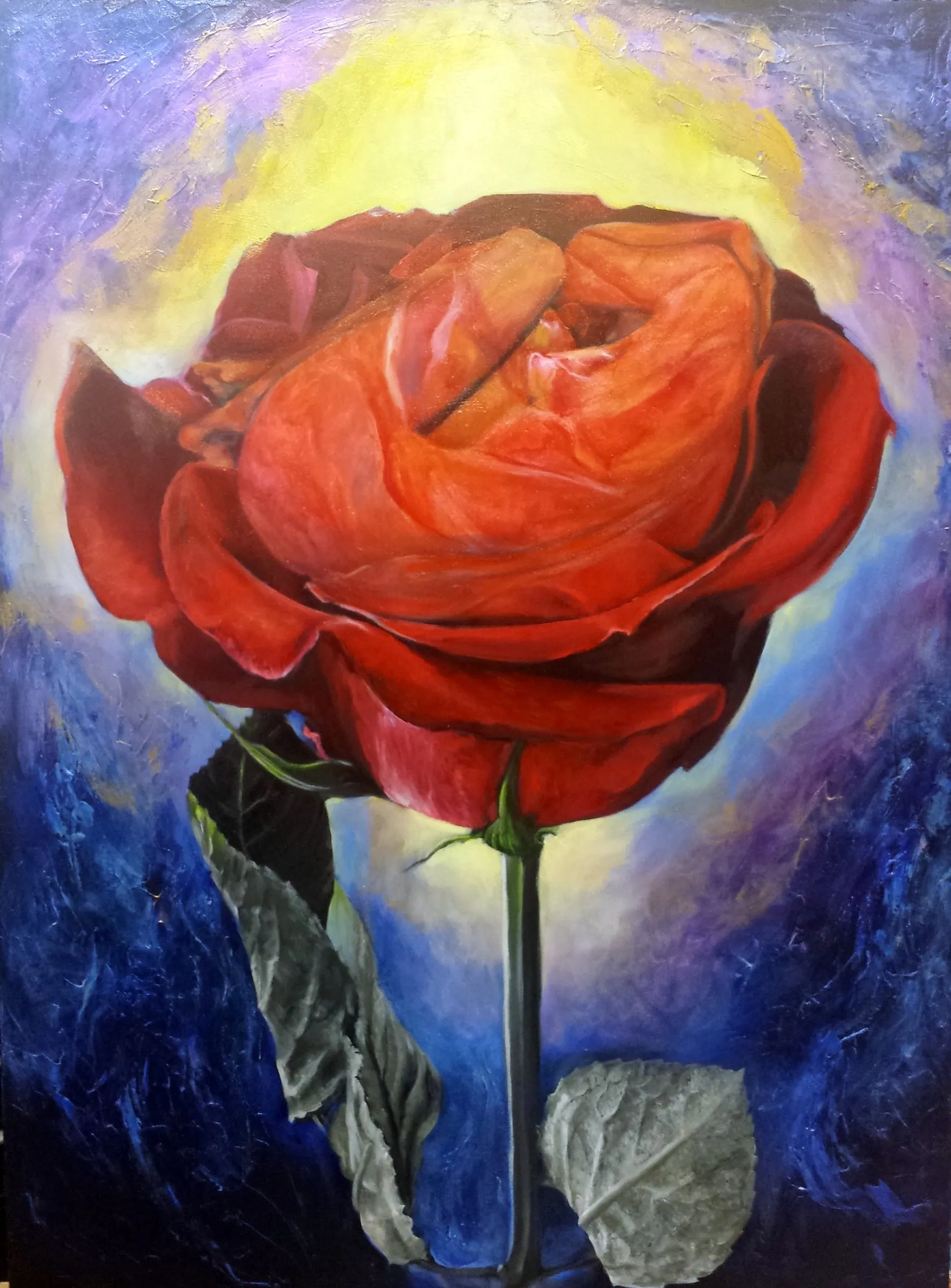 Ana's Rose, oil painting by Colleen Black, a red rose glowing against a blue and yellow sky