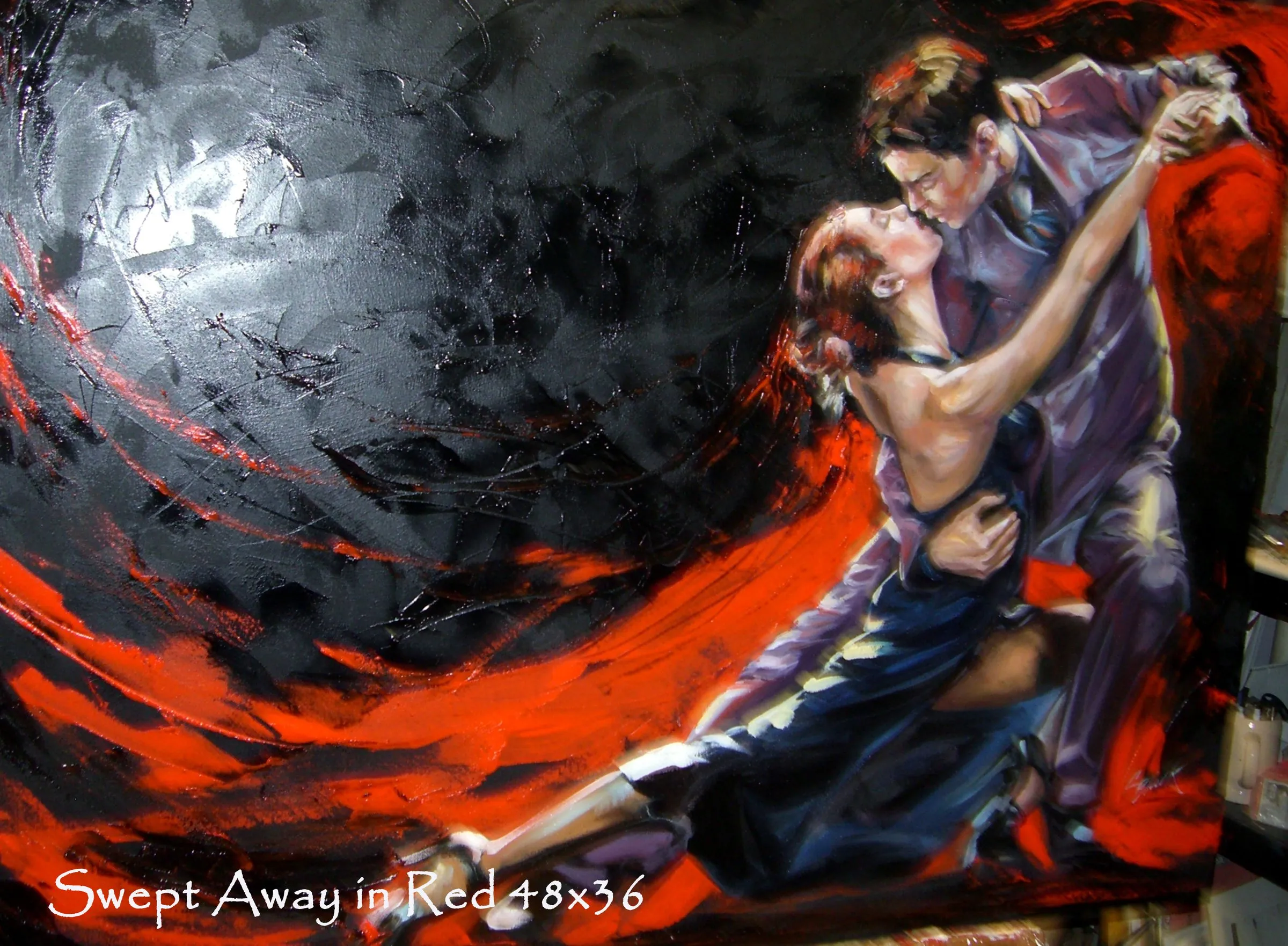 Swept Away in Red, oil painting by Colleen Black of a couple dancing